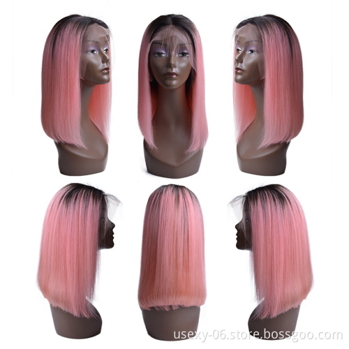 Cheap Raw Virgin Hair Short Bob Wigs Ombre Peruvian Hair Wigs Pink Lace Front Human Hair Wigs For Black Women